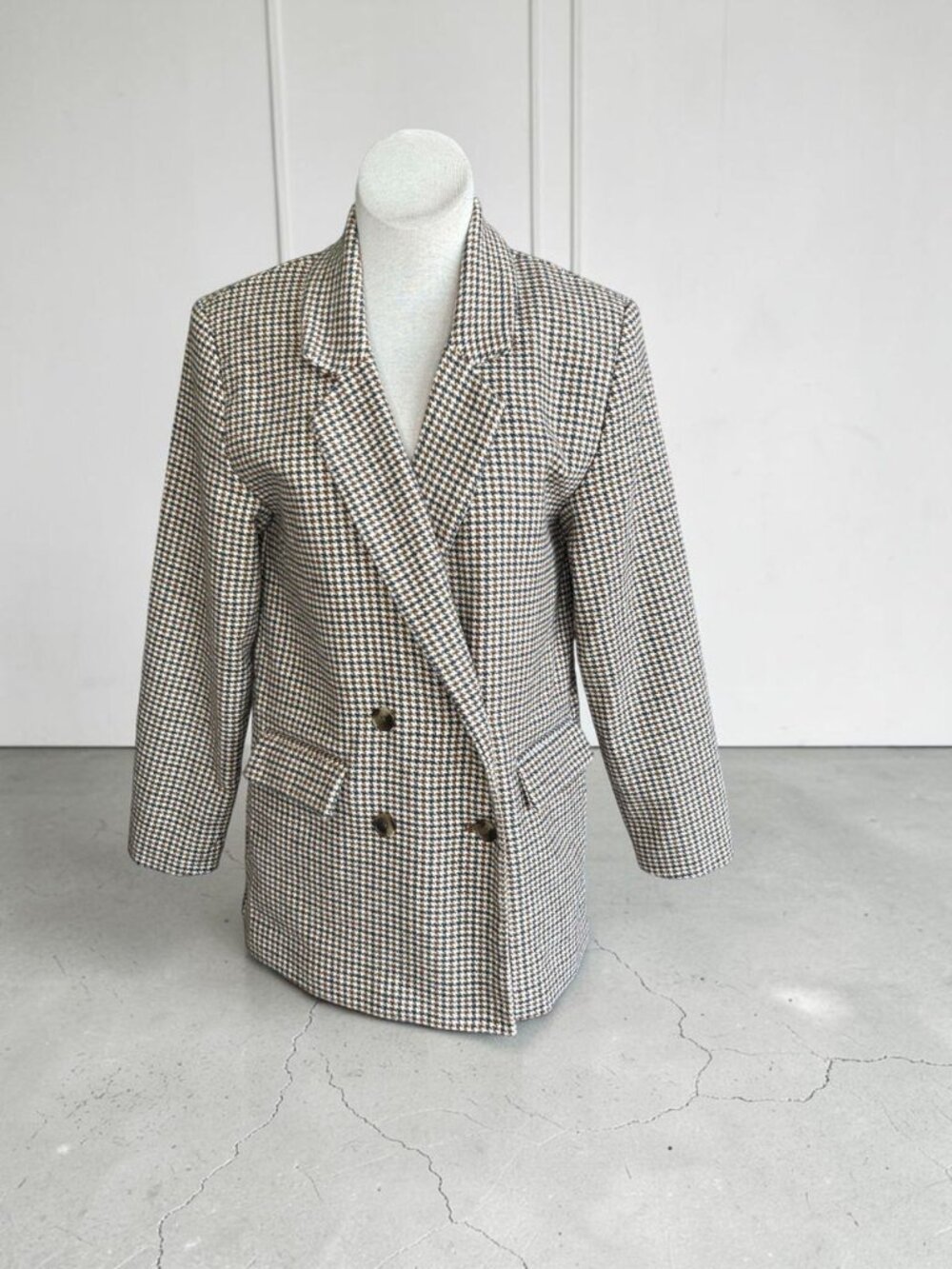 Old Navy Navy Blue Tan Houndstooth Check Double Breasted Unstructured Blazer S